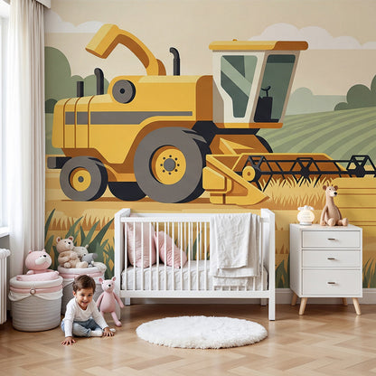 Kids-Mundo combine harvester farm wall mural in a bright kids bedroom with bed and rug