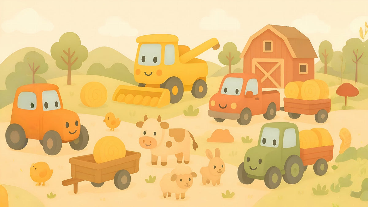 Cheerful Farm Tractors and Animals Wall Mural