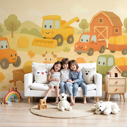 Kids-Mundo farm tractor wall mural with barn and animals behind a bed in a toddler's bedroom