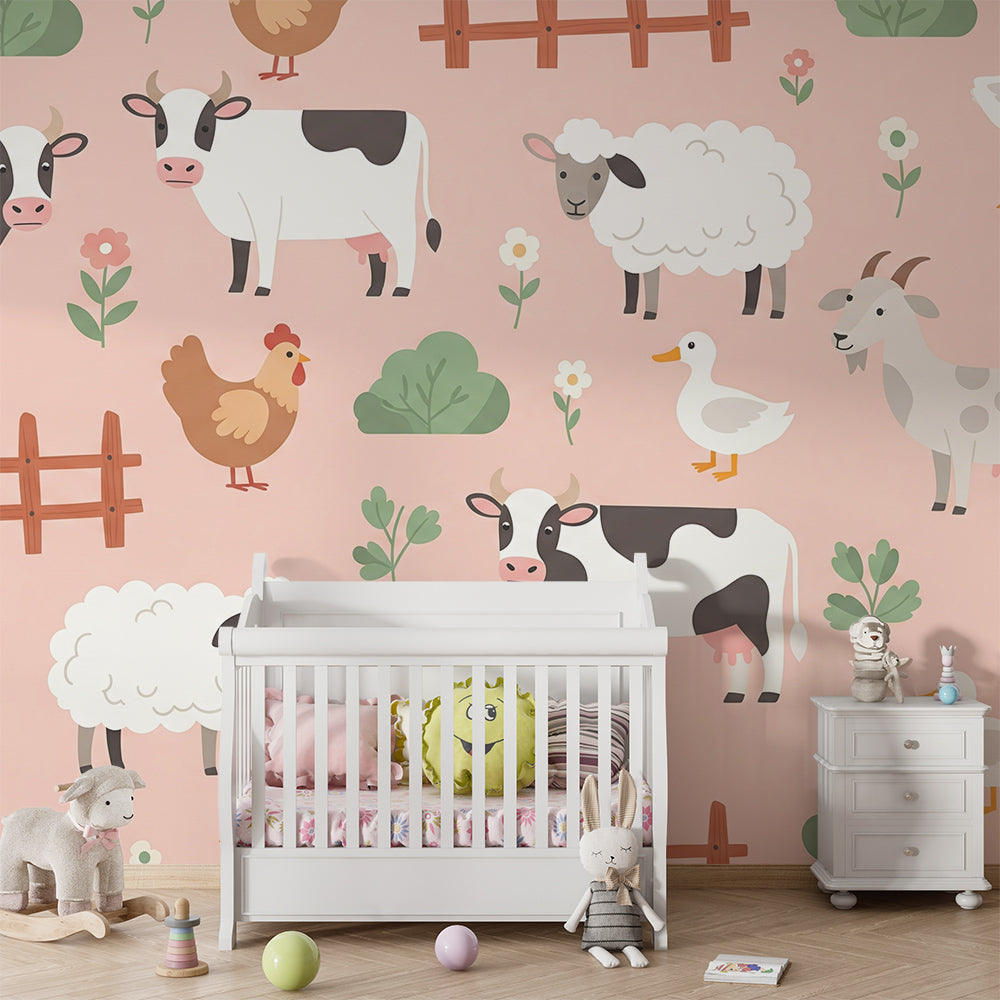 Kids-Mundo farmyard animals wall mural behind a bed in a bright kids' bedroom