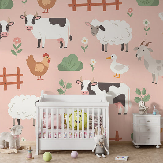 Kids-Mundo farmyard animals wall mural behind a bed in a bright kids' bedroom