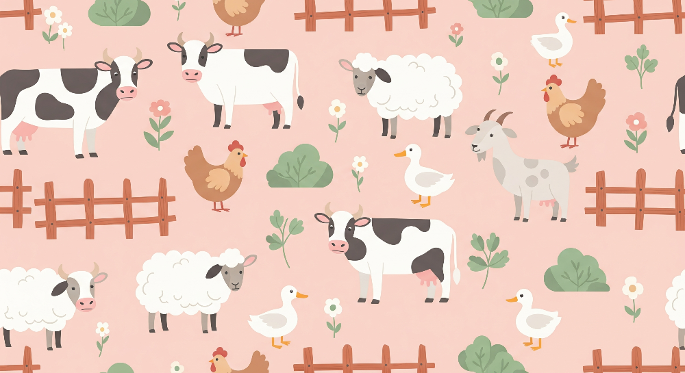 Kids-Mundo flat artwork of the pink farmyard animal pattern used for the wall mural