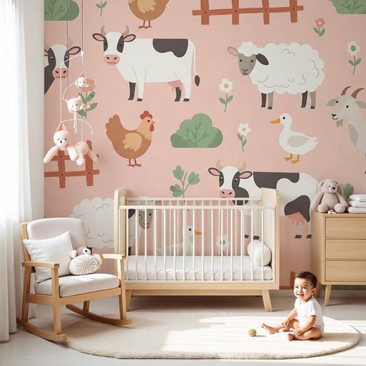 Kids-Mundo pink farmyard animals wall mural styled above a cot in a cheerful nursery