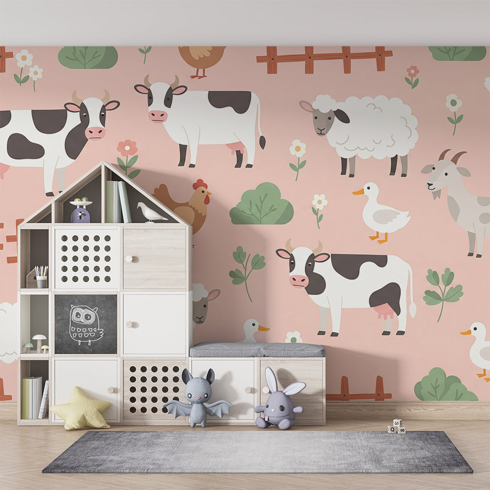 Kids-Mundo farmyard animals wall mural bringing cheerful charm to a soft pink playroom