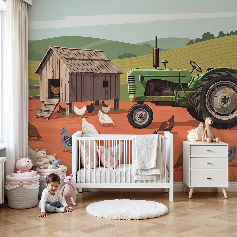 Kids-Mundo farmyard tractor wall mural with chickens, made to measure and shown in a soft nursery.