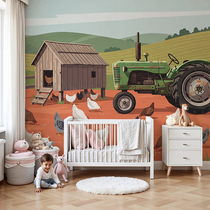 Kids-Mundo farmyard tractor wall mural with chickens, made to measure and shown in a soft nursery.