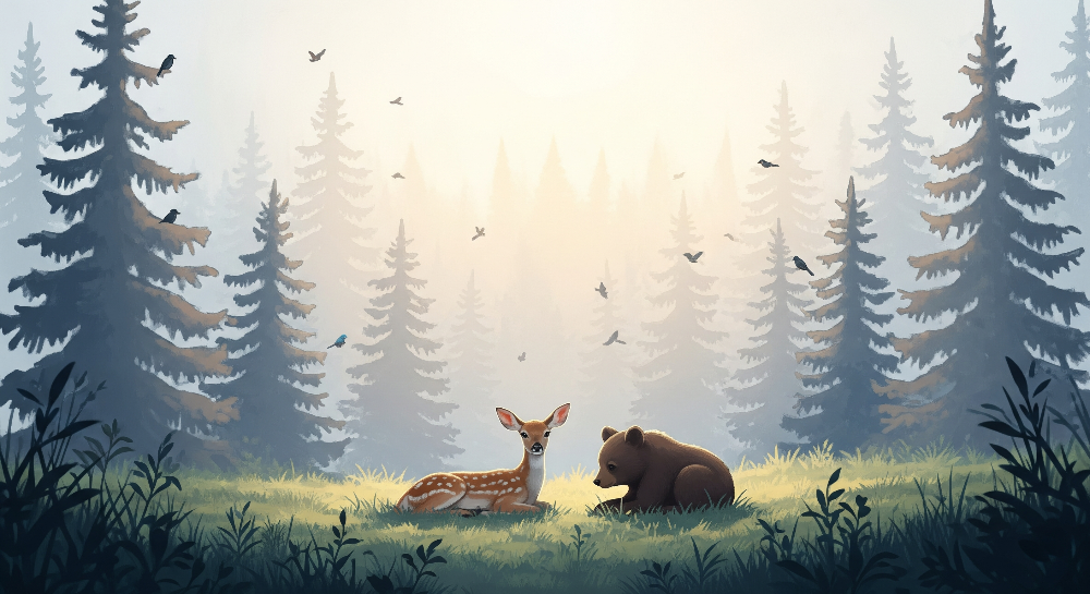 Kids-Mundo flat artwork of a fawn and bear resting in a misty pine forest wall mural design.