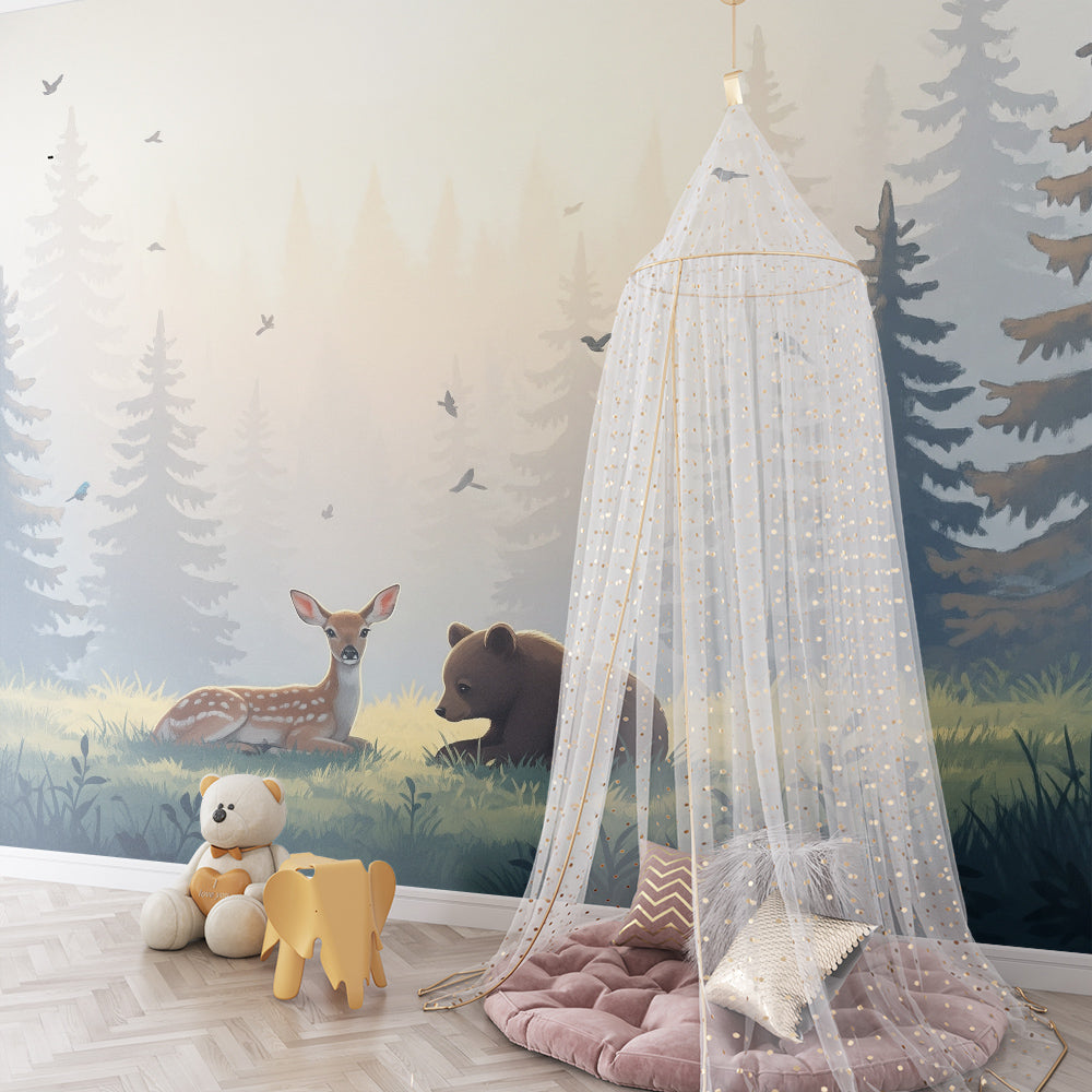 Kids-Mundo tranquil fawn and bear forest wall mural bringing calm to a children's playroom.