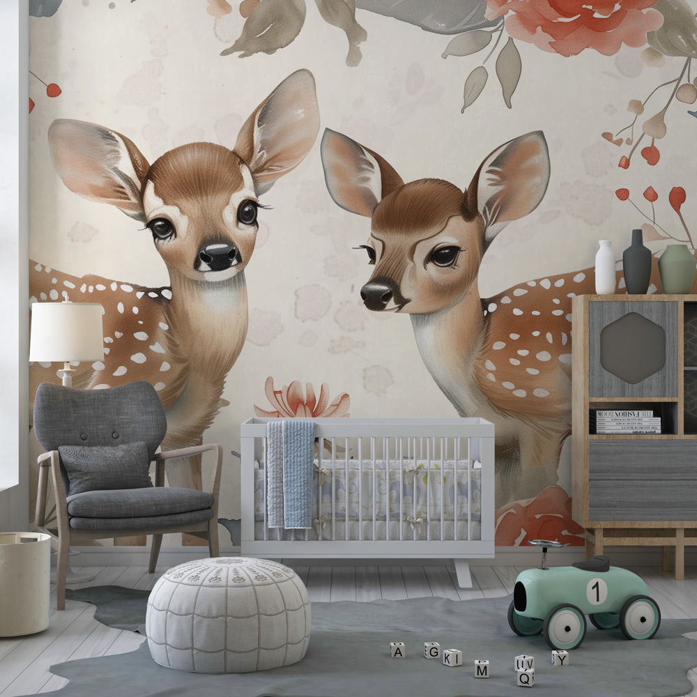 Pastel fawn and flower wallpaper decorating peaceful toddler room with nature theme