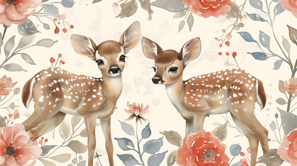 Detailed fawn and pastel flower mural wallpaper design pattern showing woodland nursery theme by Kids-Mundo