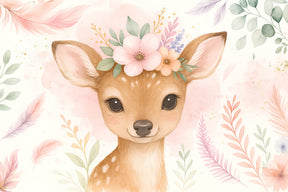 Detailed fawn with floral crown mural wallpaper design pattern featuring watercolor botanical elements by Kids-Mundo