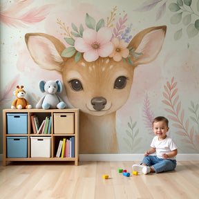Sweet fawn floral mural wallpaper creating magical nursery atmosphere with natural wood furniture by Kids-Mundo