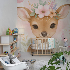 Nature-themed fawn wallpaper transforming toddler room into enchanted forest sanctuary by Kids-Mundo