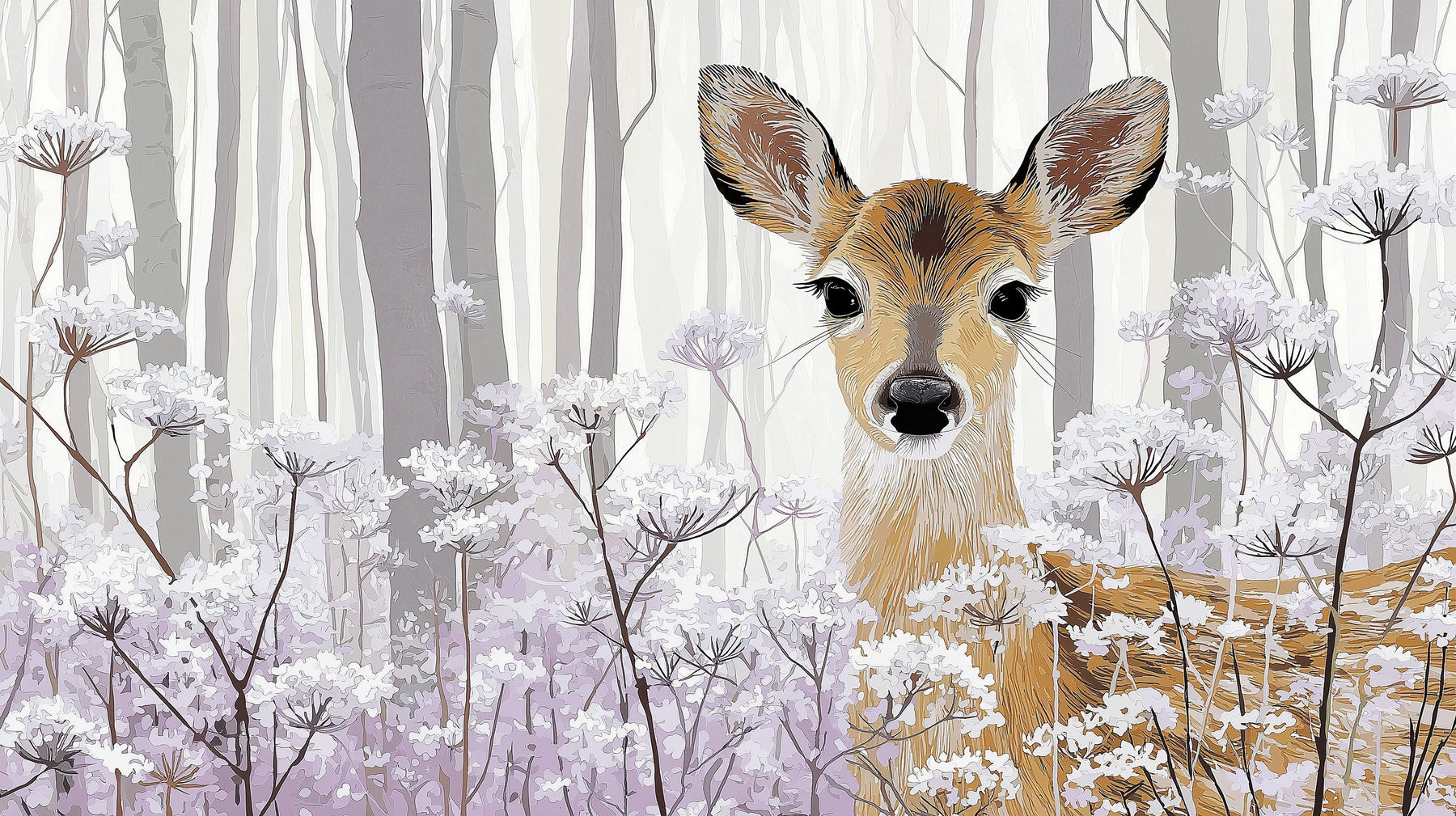 Detailed fawn forest mural wallpaper design pattern with floral elements by Kids-Mundo
