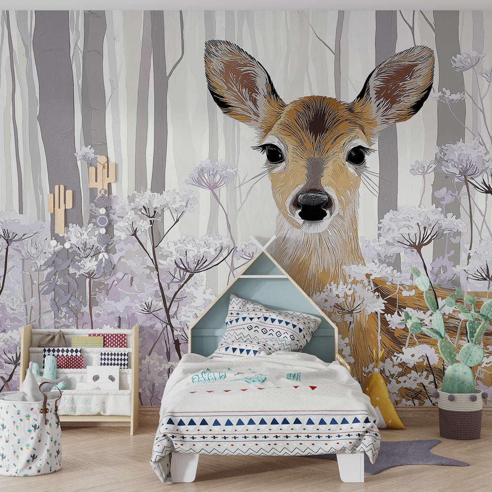 Forest animal wallpaper featuring gentle fawn in children's bedroom setting