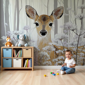 Fawn forest mural wallpaper in modern nursery room with woodland decor by Kids-Mundo