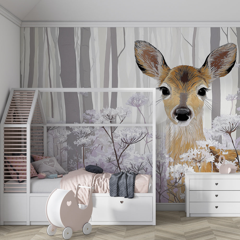 Woodland fawn mural wallpaper creating magical forest atmosphere in kids playroom