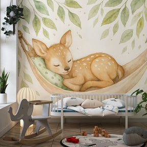 Watercolor fawn wallpaper transforming children's bedroom into woodland sanctuary