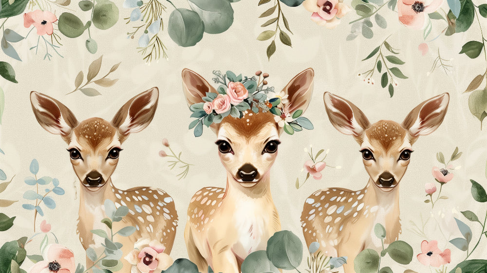 Detailed fawn with floral crown mural wallpaper design pattern by Kids-Mundo