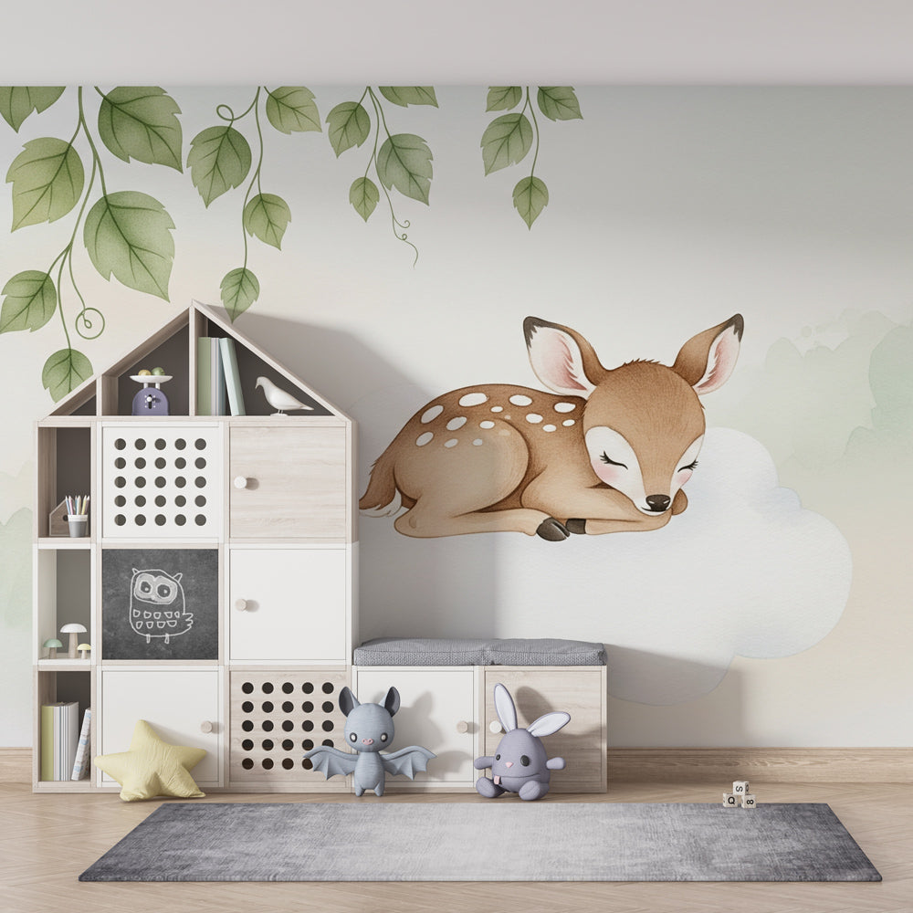 Peaceful fawn cloud wallpaper transforming children's room into serene sleep space