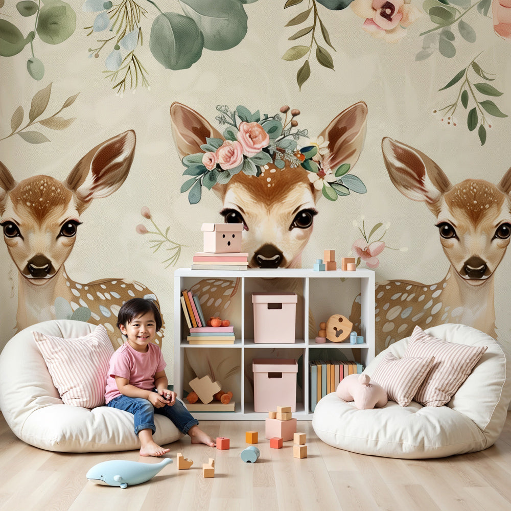 Fawn mural wallpaper with floral crowns creating magical nursery decor by Kids-Mundo