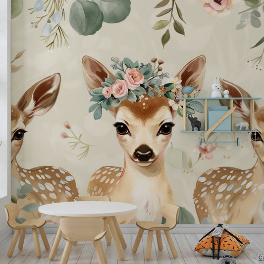 Pastel fawn wallpaper in modern kids bedroom with natural wood furniture by Kids-Mundo