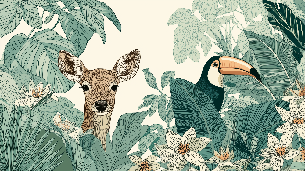 Kids-Mundo fawn and toucan mural artwork with layered leaves and white woodland flowers