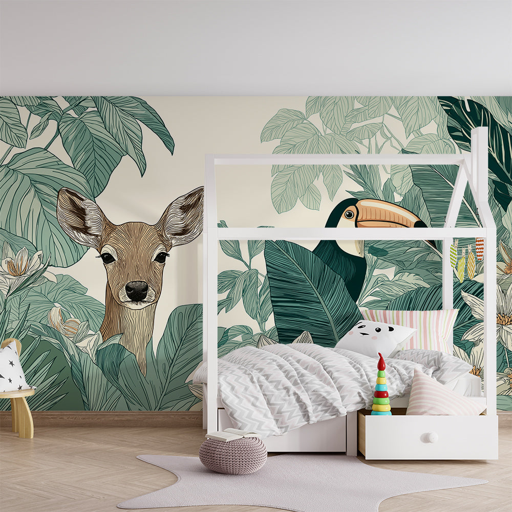 Kids-Mundo fawn and toucan wall mural with white flowers in a children's playroom