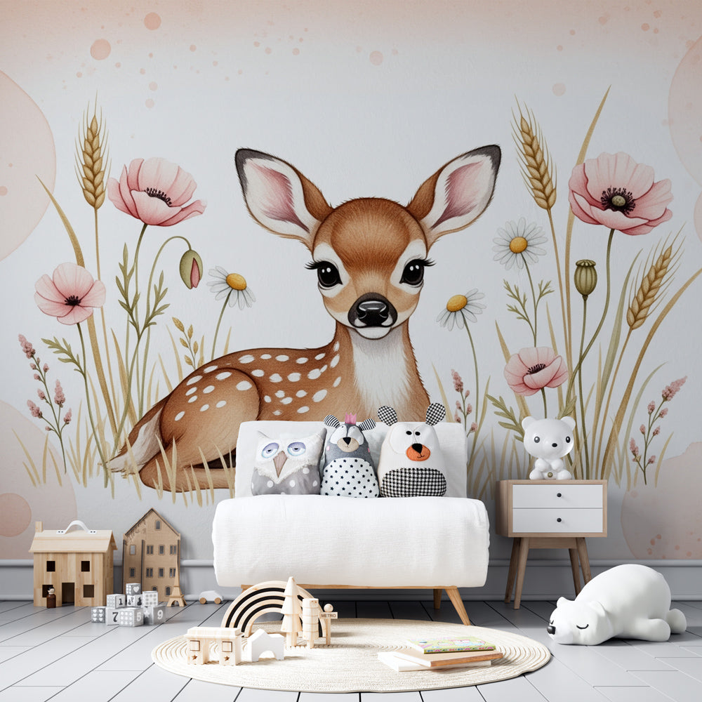 Kids-Mundo fawn and wildflower wall mural shown on a kids bedroom wall above a bed.