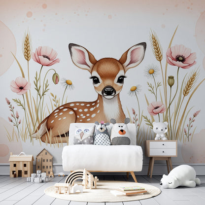 Kids-Mundo fawn and wildflower wall mural shown on a kids bedroom wall above a bed.