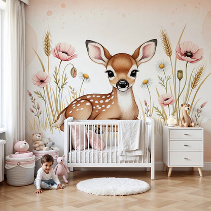 Kids-Mundo baby fawn wildflower wall mural styled in a soft, sunlit pink nursery.