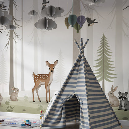 Kids-Mundo fawn, rabbits and raccoon wall mural covering a kids bedroom wall in grey-green tones.