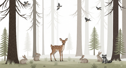 Kids-Mundo flat artwork of a fawn with rabbits, raccoon and birds forest wall mural design.