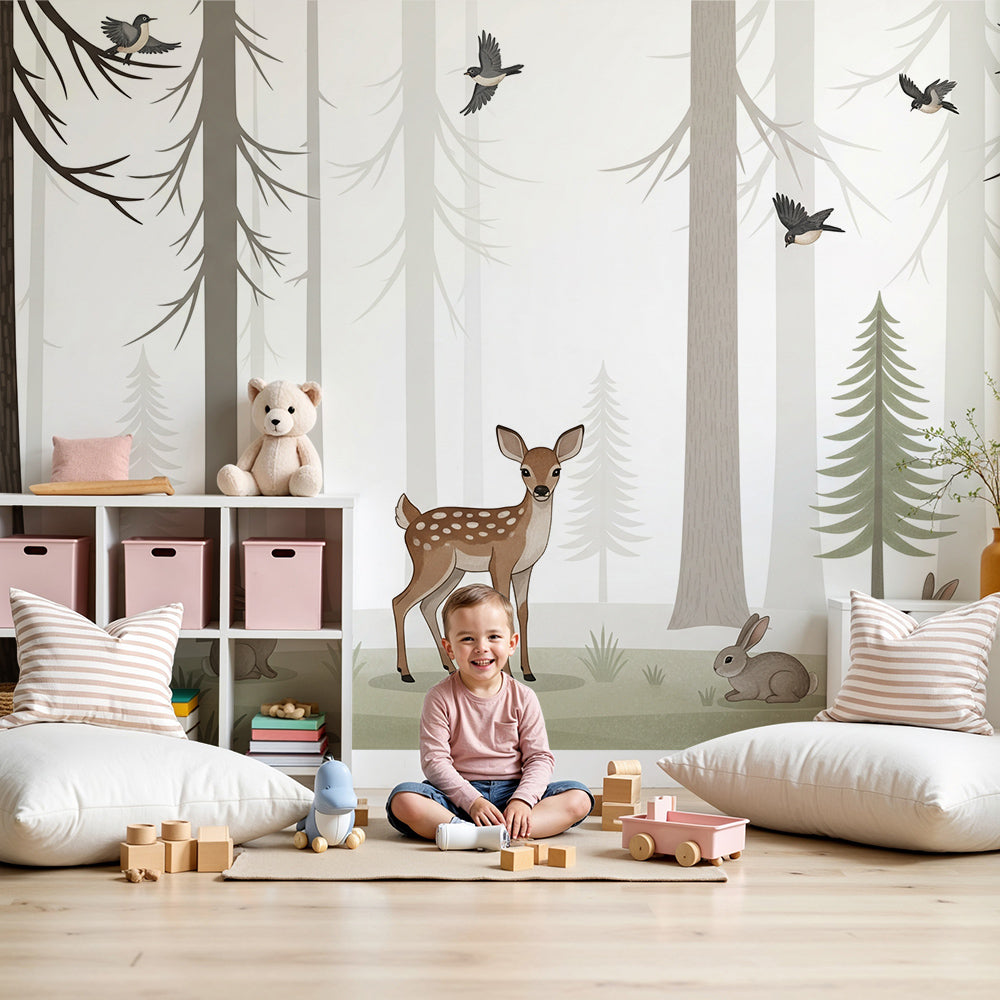 Kids-Mundo fawn and woodland friends wall mural styled in a soft misty nursery.