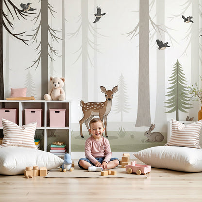 Kids-Mundo fawn and woodland friends wall mural styled in a soft misty nursery.