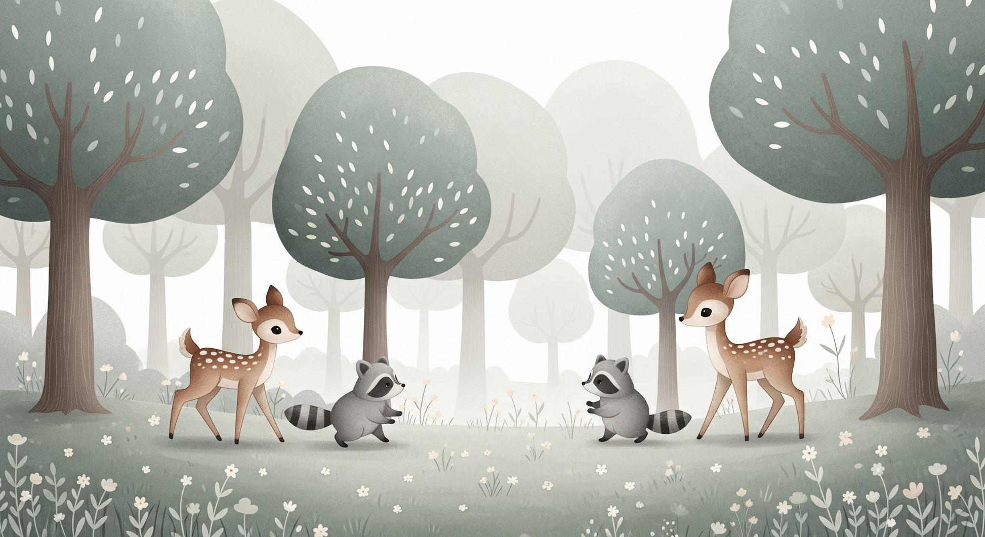 Kids-Mundo flat artwork of fawns and raccoons playing in a peaceful forest wall mural design.