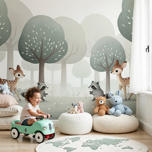 Kids-Mundo fawns and raccoons forest wall mural styled in a soft sage green nursery.