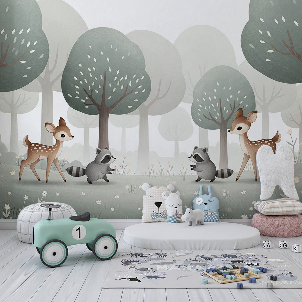 Kids-Mundo woodland fawns and raccoons wall mural bringing nature into a bright children's playroom.