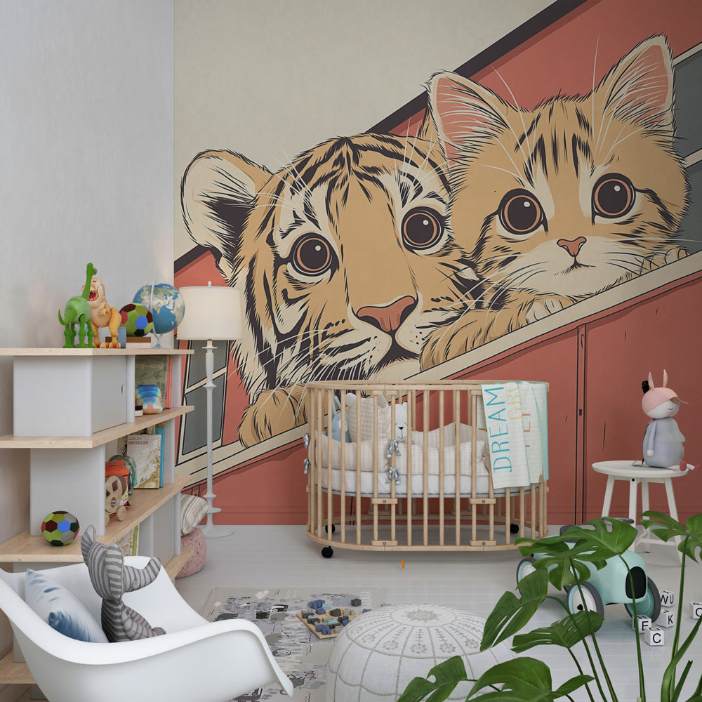 Feline friends train wallpaper creating warm atmosphere in kids bedroom