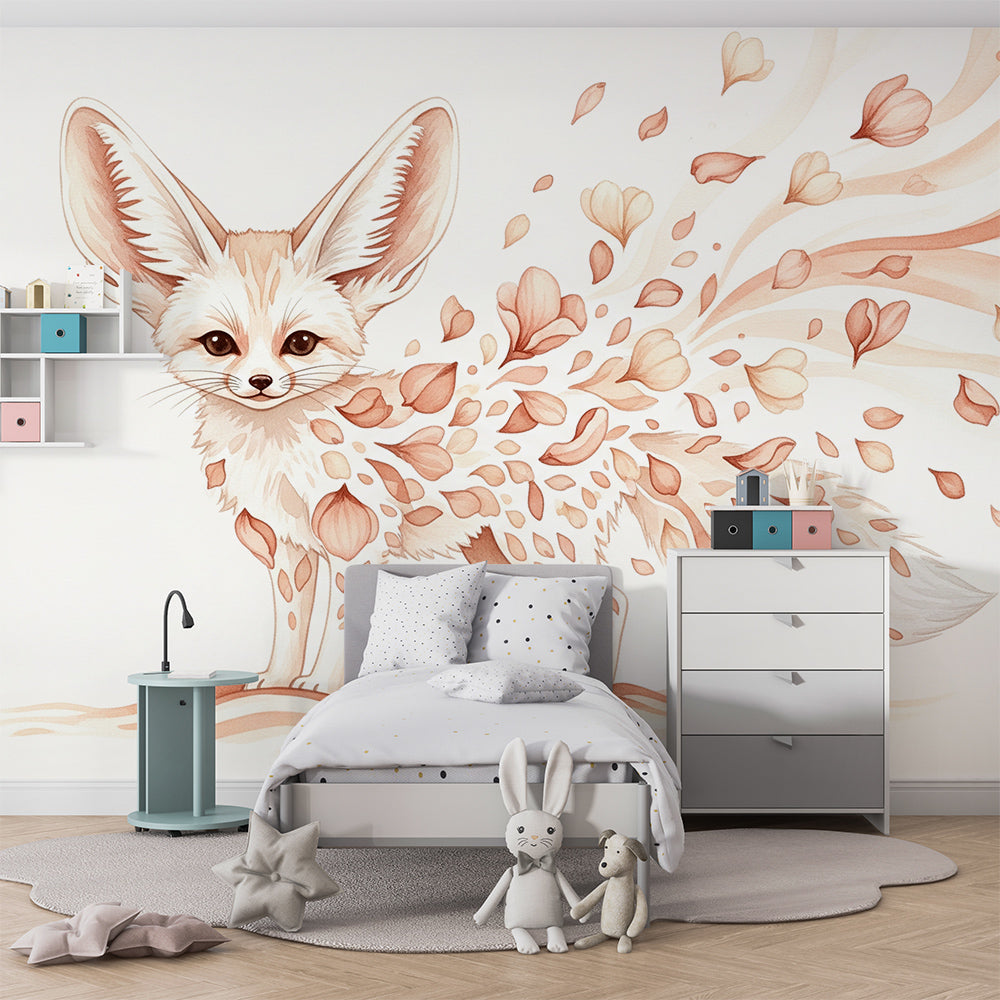 Kids-Mundo fennec fox and petal wall mural styled in a warm-toned kids bedroom
