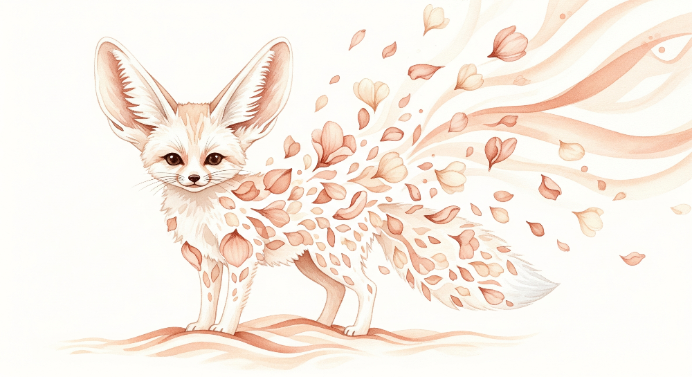 Kids-Mundo flat artwork of a fennec fox with a trail of blush watercolour petals