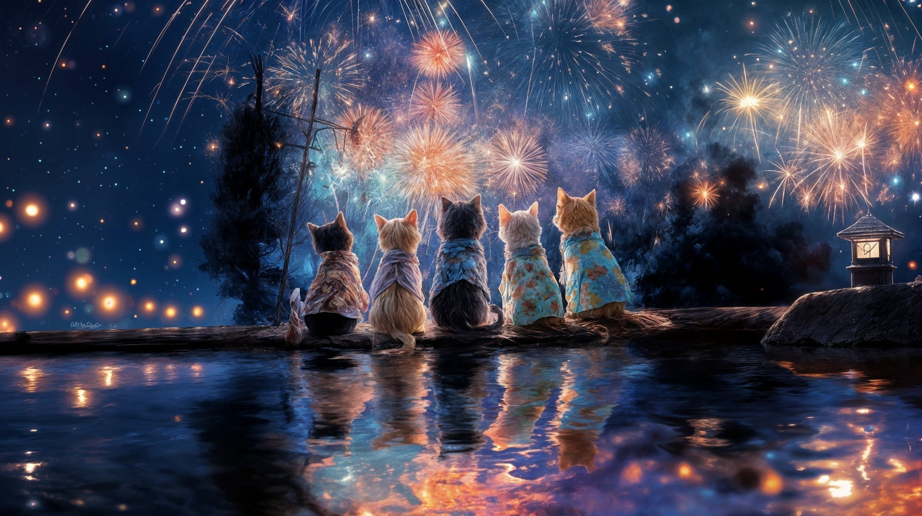 Detailed festive cats and fireworks mural wallpaper design pattern by Kids-Mundo