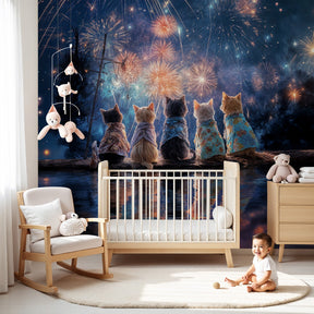 Festive cats mural wallpaper with fireworks display in modern nursery by Kids-Mundo