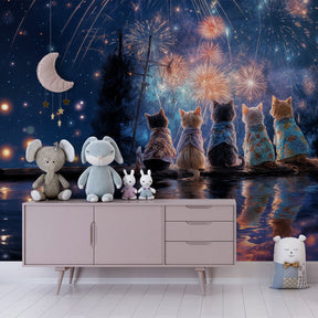 Whimsical cats watching fireworks wallpaper decorating colorful kids playroom