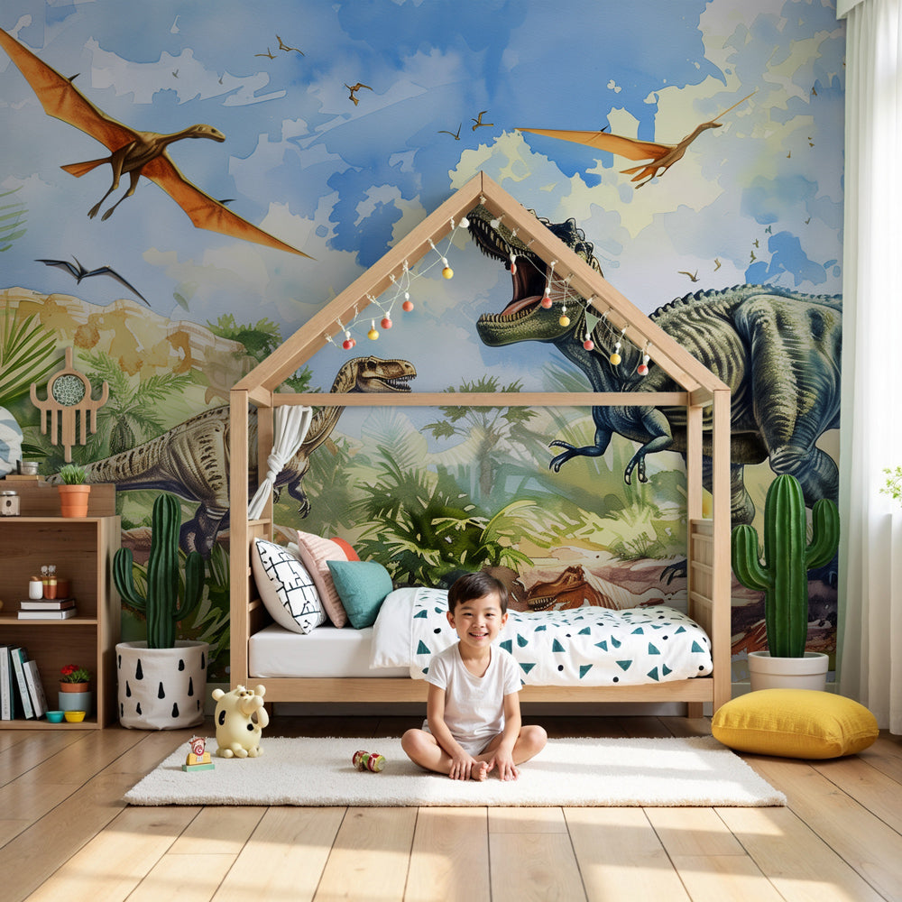 Kids-Mundo fierce dinosaur jungle wall mural styled in an adventurous, dinosaur-themed nursery.