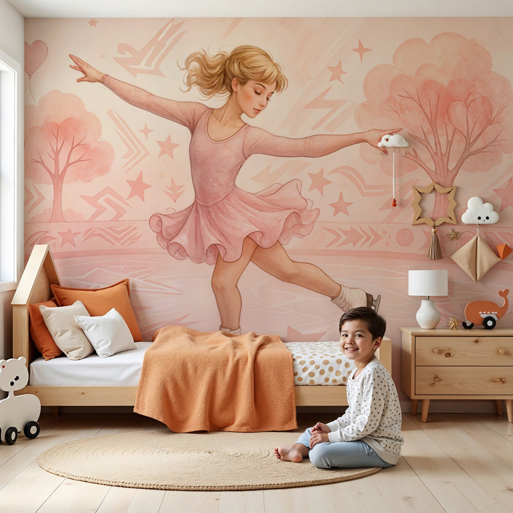 Pink figure skating mural wallpaper in elegant nursery setting by Kids-Mundo