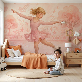 Pink figure skating mural wallpaper in elegant nursery setting by Kids-Mundo