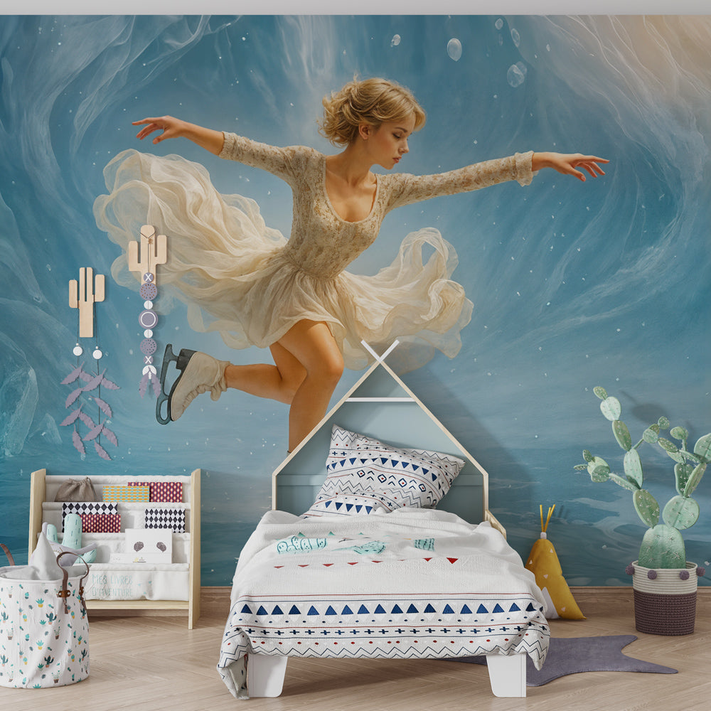 Winter-themed figure skating mural wallpaper transforming kids room into elegant ice rink