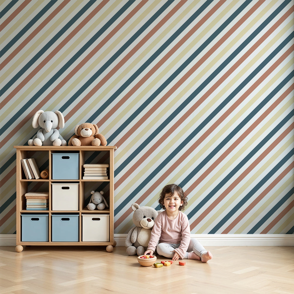 Kids-Mundo fine terracotta and navy pinstripe wall mural styled above a cot in a soft nursery.