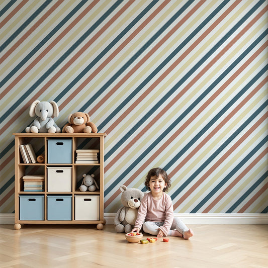 Kids-Mundo fine terracotta and navy pinstripe wall mural styled above a cot in a soft nursery.